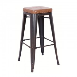 RELIX Σκαμπό BAR, Μέταλλο Βαφή Antique Black, PU Camel, Στοιβαζόμενο